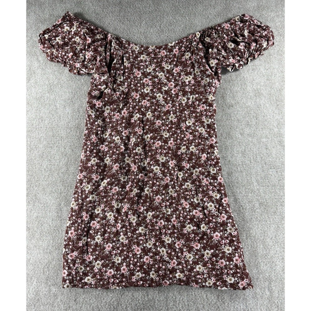 Altar'd State Smocked Boho Mini‎ Dress Brown Floral Cottagecore Puff Sleeve S